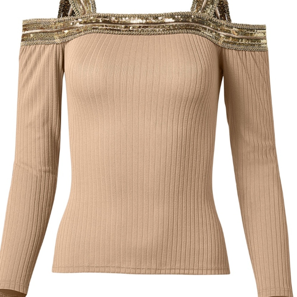 Tan Off-Shoulder Ribbed Top with Gold Sequin Detail